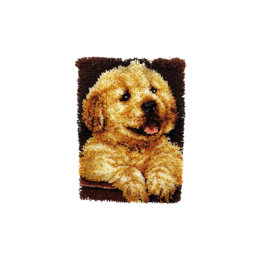 Latch Hook Tapestry Happy Yellow Lab Puppy Golden Retriever 20x28in Vintage